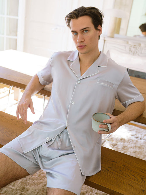 CLASSIQUE Chemise de pyjama manche courte Homme en soie grise 19 mommes
