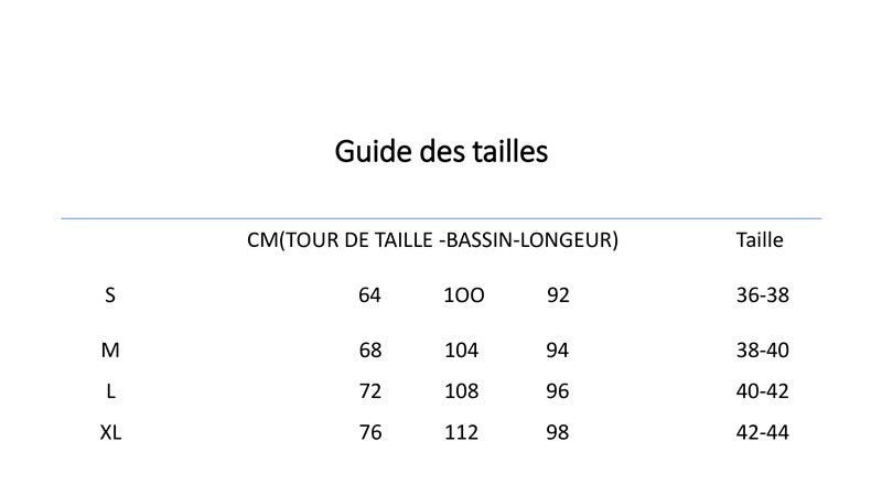 guide des tailles pantalon en soie glamour long