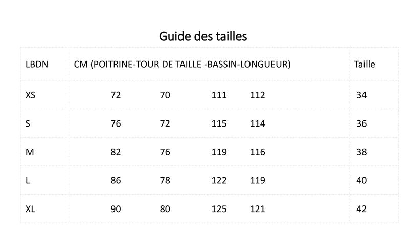 guide des tailles pour robe de soirée en soie 